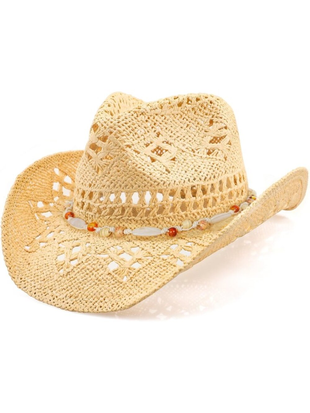 Men's Beige+Orange Elastic closure Straw Wide Shapeable Brim Cowgirl Cowboy Hat